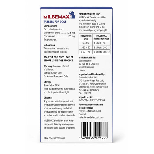 Elanco Milbemax Tablets for Dogs 5kg & Above | Milbemycin Oxime 12.5mg + Praziquantel 125mg | Deworming Tablets for Dogs (2 Tablets)