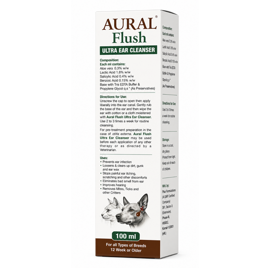 Sihil Aural Flush Ultra Ear Cleanser for Dogs & Cats | Ear Cleaning Solution with Aloe Vera, Lactic Acid & Salicylic Acid | Removes Wax, Dirt & Odour | 100ml