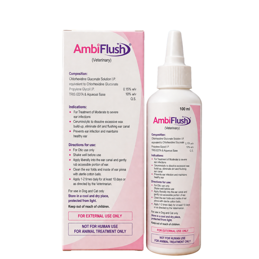 Intas AmbiFlush Veterinary Ear Cleanser & Flush Solution for Dogs and Cats | Chlorhexidine Gluconate 0.15% w/v | Ear Wax & Infection Care | 100ml
